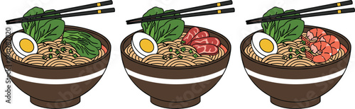 Asian noodle bowls vector illustration set with ramen udon toppings egg meat shrimp and chopsticks isolated