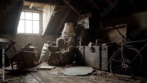 Dusty attic scene with a window, rocking chair, old bicycle, and furniture. Cobwebs and gloom