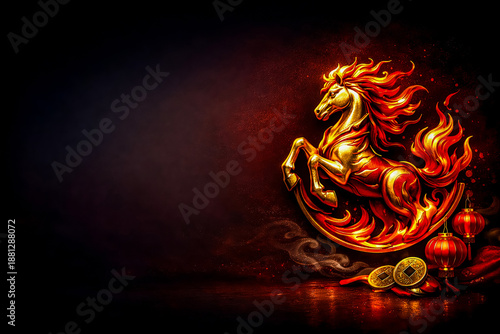Golden Chinese Zodiac Horse with Fiery Mane and Copy Space on Dark Background