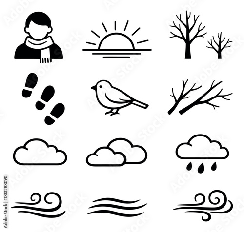 Minimalist weather and season icon set featuring sun, clouds, wind, rain, trees, a bird, and footprints for nature and environmental design