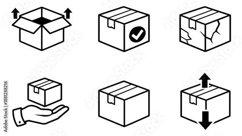 Simple line art shipping box icons set featuring open, closed, delivered, damaged, and handled packages for logistics and e-commerce