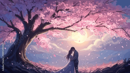 Romantic Couple Under Cherry Blossom Tree at Sunset
