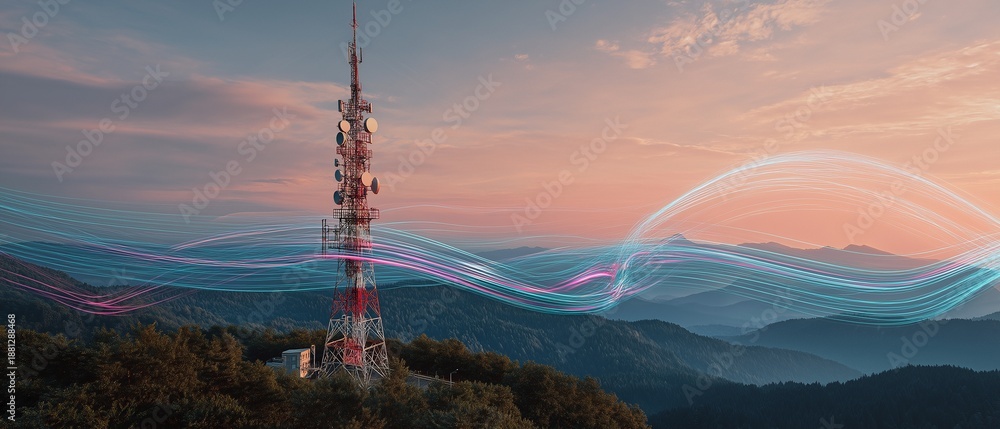 Obraz premium Advanced communication technology, data transfer, wireless connection, and wireless communication tower signal