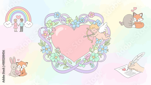 Valentine's Day Cute Illustrations: Heart, Cupid, Animals, Couple, Rainbow, Writing