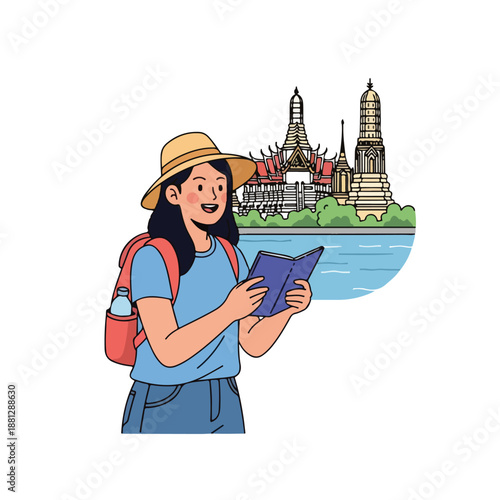 A woman holding a book in front of a temple