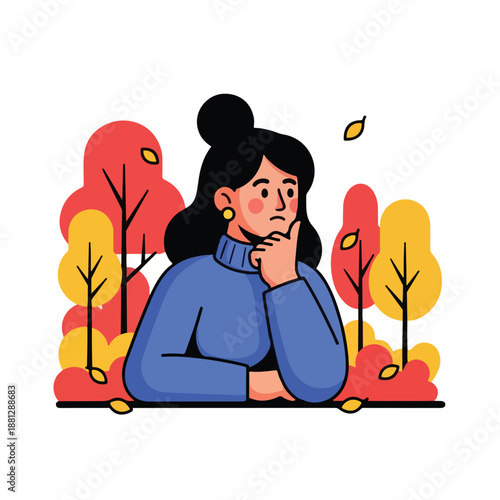 A woman in a blue sweater sitting in an autumnal setting