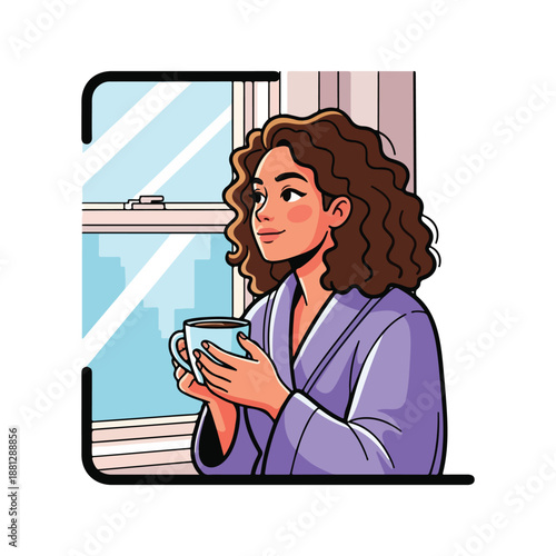 A woman in a purple robe holding a mug