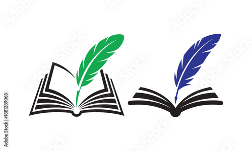 Creative person reading a book with feather and lightbulb logo.