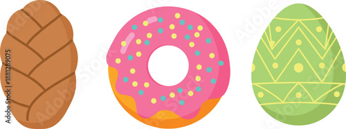 Easter sweets vector illustration with chocolate egg donut dessert and decorated holiday egg isolated on white