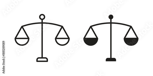 Scales of justice icons collection. Thin linear and black flat icons