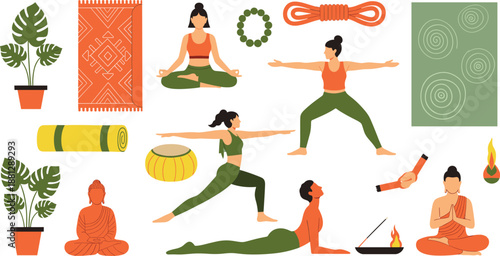 Yoga and meditation lifestyle vector illustration set with women practicing poses mindfulness relaxation and wellness elements