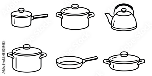 Line art cookware set featuring pots, pans, and a kettle for cooking