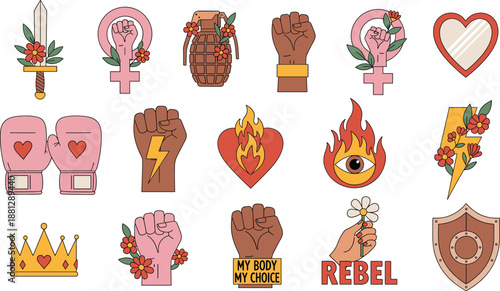 Feminism empowerment symbols vector illustration set with female strength icons protest elements equality and women rights graphics
