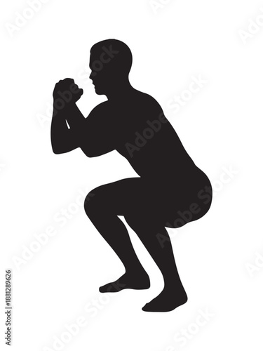 Dynamic male silhouette demonstrating a perfect bodyweight squat for strength and fitness training Vector.