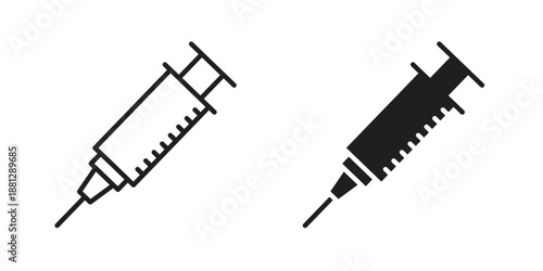 Syringe injection icons collection. Thin linear and black flat icons