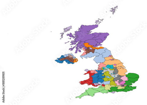 Colorful map of united kingdom with various regions and territories marked