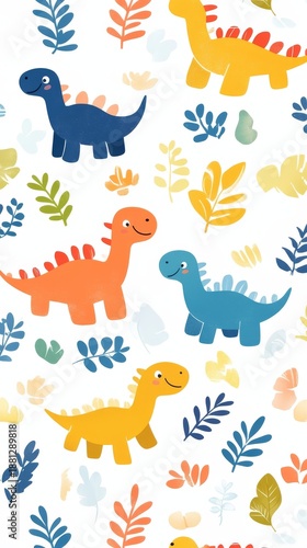Wallpaper Mural Vibrant prehistoric jungle pattern featuring diverse dinosaurs and lush tropical leaves for kids. Torontodigital.ca