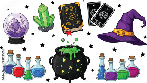 Magic witchcraft elements vector illustration set with cauldron potions spell book crystals tarot cards and wizard hat