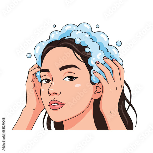 A woman washing her hair with suds on her head