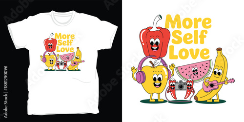 More self love cartoon fruit and vegetable characters collection with musical instruments and camera