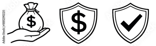 Hand drawn line art financial security icon set featuring a money bag in a hand, a dollar shield, and a checkmark shield for financial protection