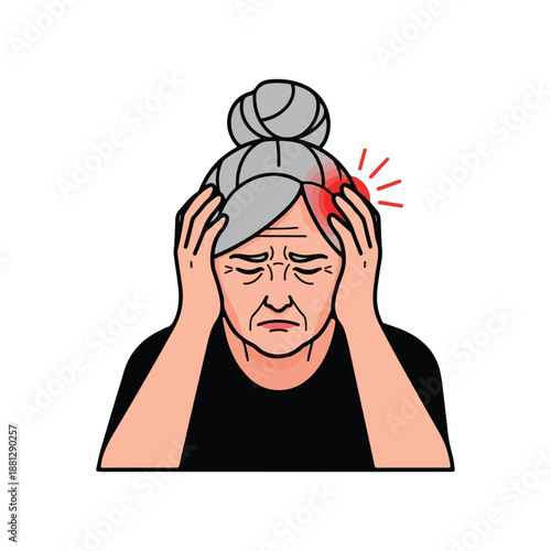 A woman with grey hair and a black shirt is clutching her head