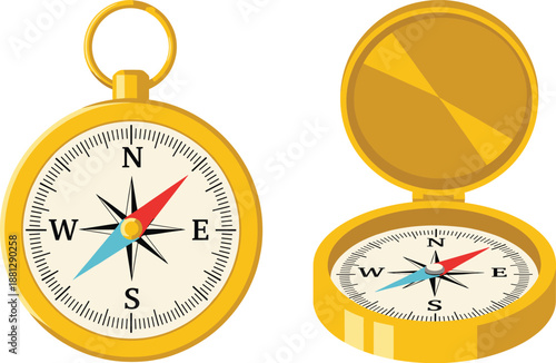 Golden compass vector illustration set with open and closed navigation instruments for travel exploration and orientation
