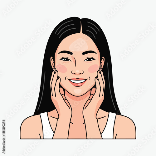 A woman with long black hair touching her face