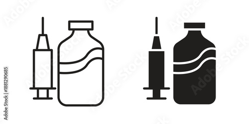 Vaccine vial icons collection. Thin linear and black flat icons