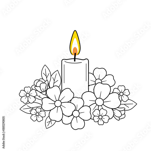 Lit candle with white memorial flowers, minimal and solemn, simple shapes on white background with copy space
