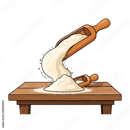 A wooden scoop pouring flour onto a table