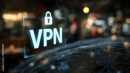 VPN gold metal and Golden Lock for internet protection in technology. Network and Lock System for Digital Protection