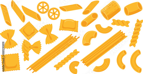 Italian pasta shapes vector illustration set with spaghetti penne fusilli farfalle macaroni and assorted dry noodles