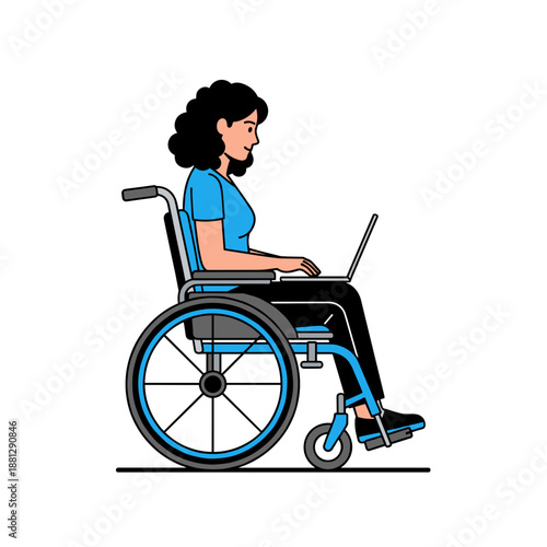Woman in wheelchair using laptop on white background, clean flat vector illustration