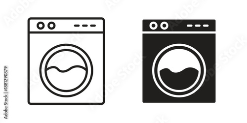 Washing machine icons collection. Thin linear and black flat icons
