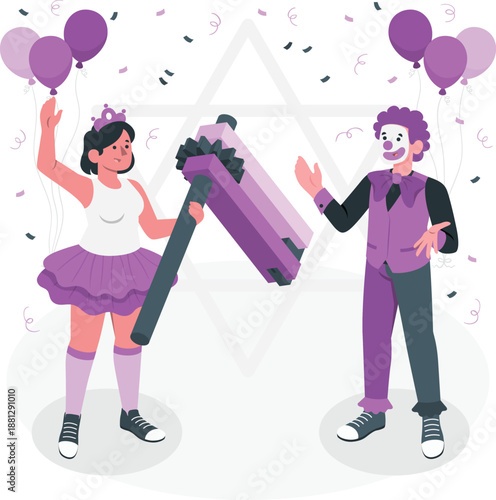 Vibrant illustration of a joyful dancing girl and a man surrounded by purple balloons and confetti