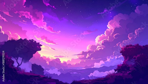 A vibrant, stylized landscape features a breathtaking, glowing sunset through fluffy clouds, purple sky, and silhouetted trees