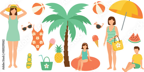 Summer beach vacation vector illustration set with people palm tree swimwear fruits inflatable rings and sunny seaside elements