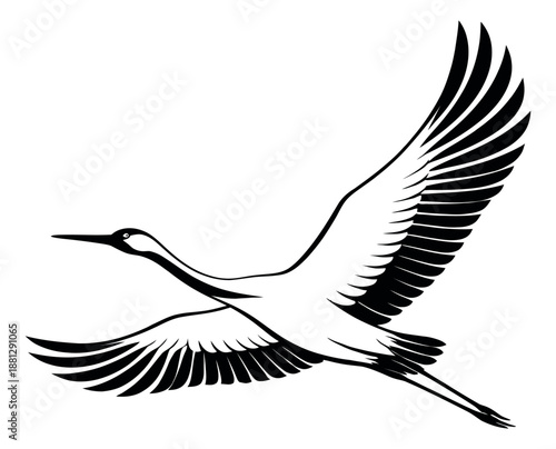 Stylized line art illustration of a crane bird depicting graceful flight for nature and wildlife designs