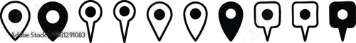 Collection of Minimalist Black Map Pointer and Location Pin Icons for Travel, Navigation, Destination Tracking, and Web Interface Design.