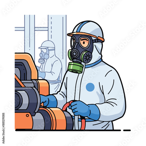 A worker wearing protective gear operates a machine