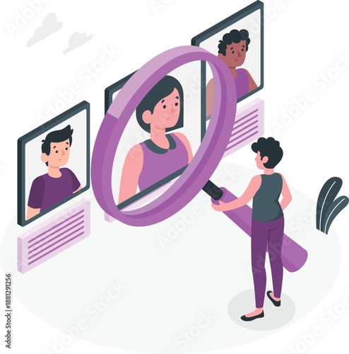 Person examining multiple digital representations of individuals through a magnifying glass, analyzing various profiles and characteristics.