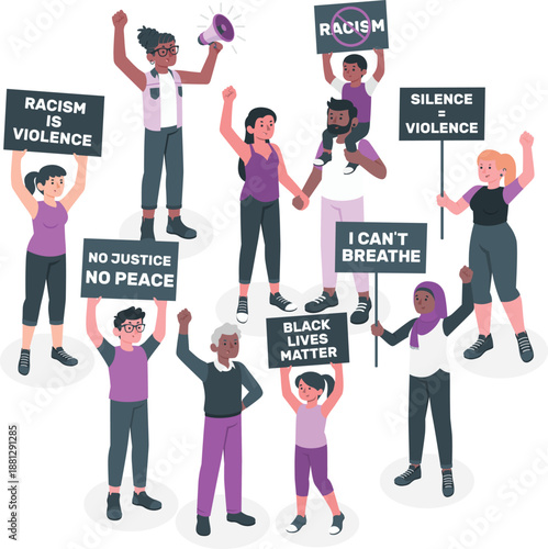 Diverse group of people protesting against racism and social injustice, holding signs with powerful messages, illustrations of unity and resistance.