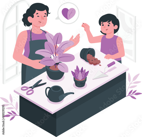Two women working together on gardening project at table with plants and gardening tools from an overhead viewpoint