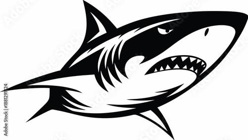 Powerful and aggressive black and white shark illustration with sharp teeth and a menacing expression