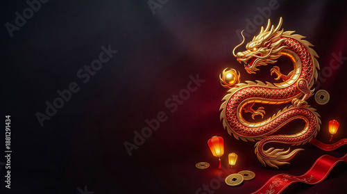 Luxury Golden Dragon with Red Lanterns and Coins, Chinese New Year Concept
