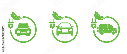 Set of green electric cars with plug. Electric car charger place. Recharger battery station for automobile. Friendly alternative energy.