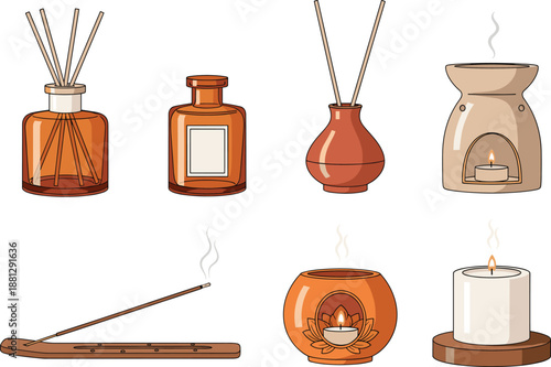Aromatherapy and home fragrance set with candles, reed diffusers, incense sticks, and oil burners in warm earthy tones