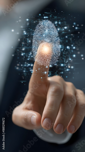 Close-up of finger presses a digital button on a futuristic touchscreen interface to select an innovative virtual technology concept