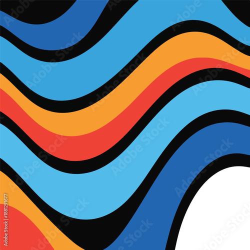 Abstract wavy lines in blue, orange, red, and black hues